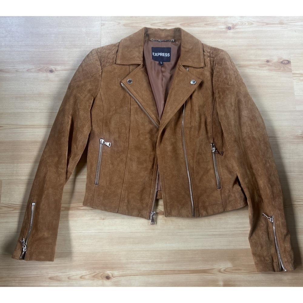 Express Women's Suede Moto Jacket camel colored, size xs, zip pockets & sleeve